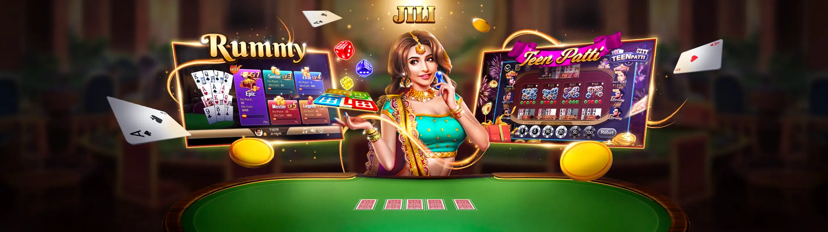 Sảnh casino trực tuyến b52win sang trọng với ánh sáng xanh lá và vàng, người chơi đang tương tác với dealer, biểu tượng đồng tiền và thẻ bài, thể hiện không khí sôi động của khuyến mãi b52win